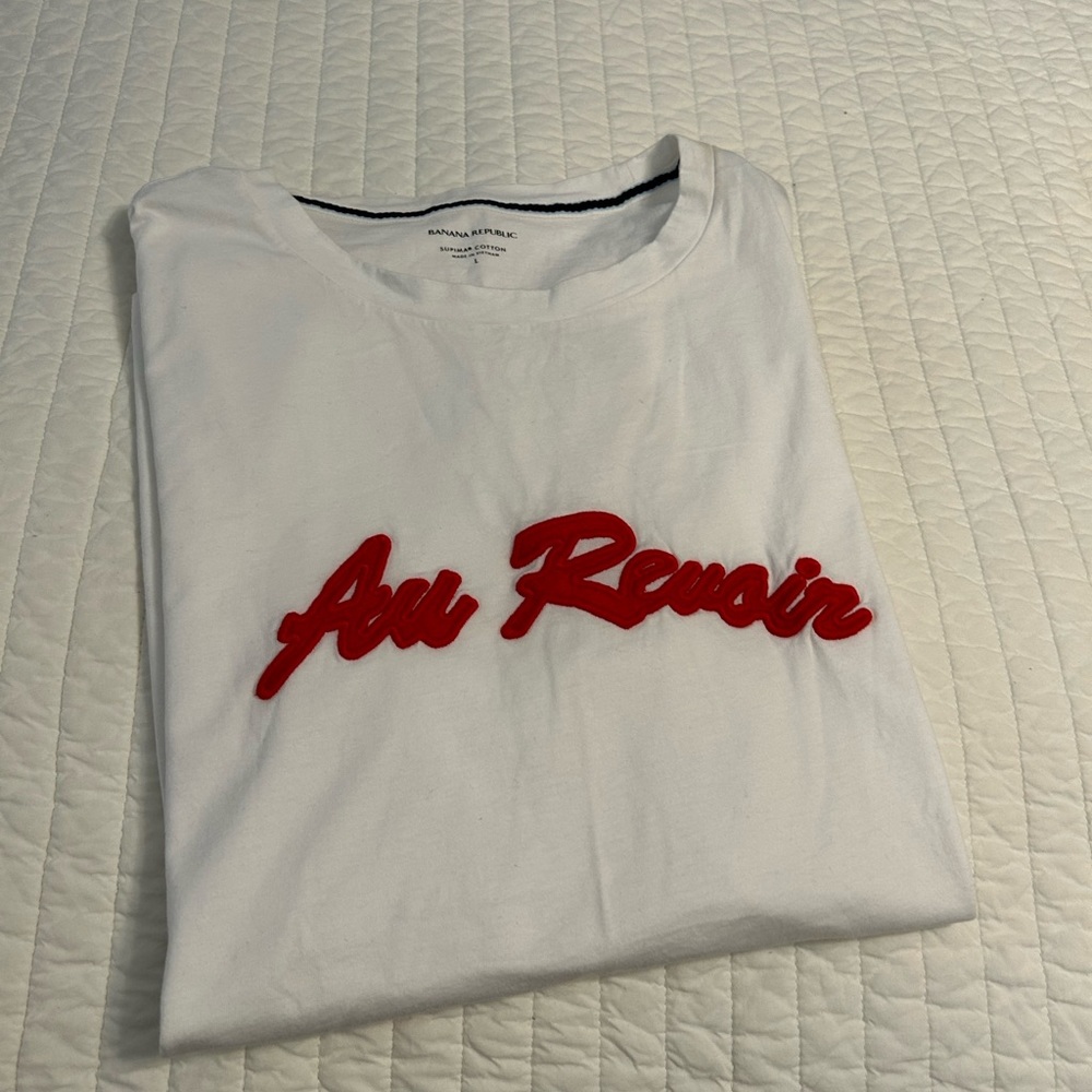 Banana Republic White Short Sleeve Tee with Red Script Applique